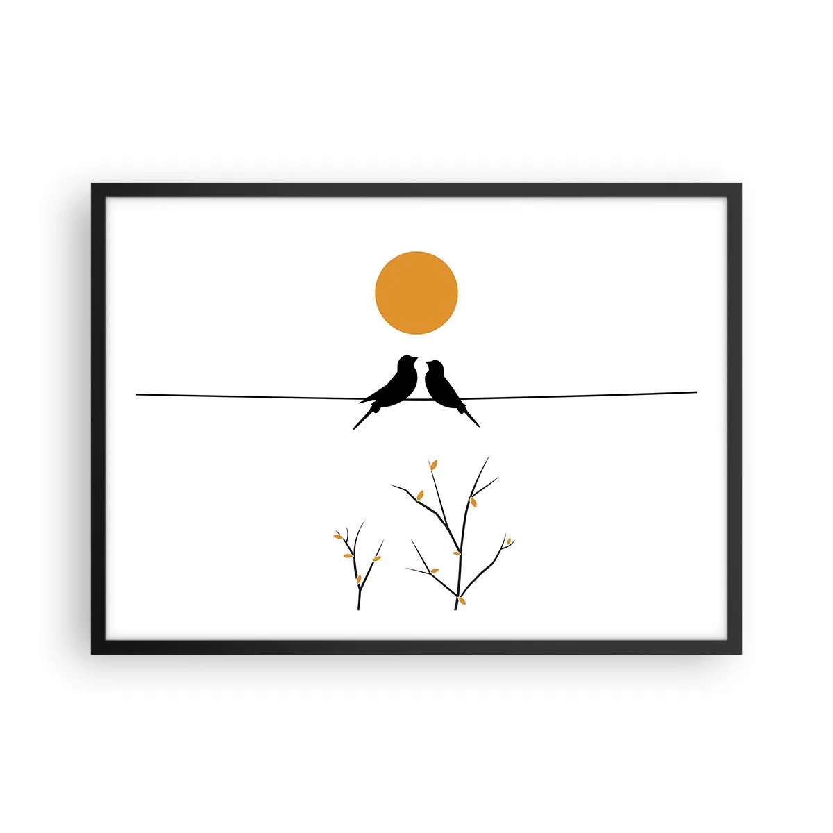 Plakat w czarnej ramie - Ptaki na linii z żółtym słońcem - 70x50cm - Słowiczy wieczór - Nowoczesna dekoracja ścienna do salonu i sypialni ARTTOR