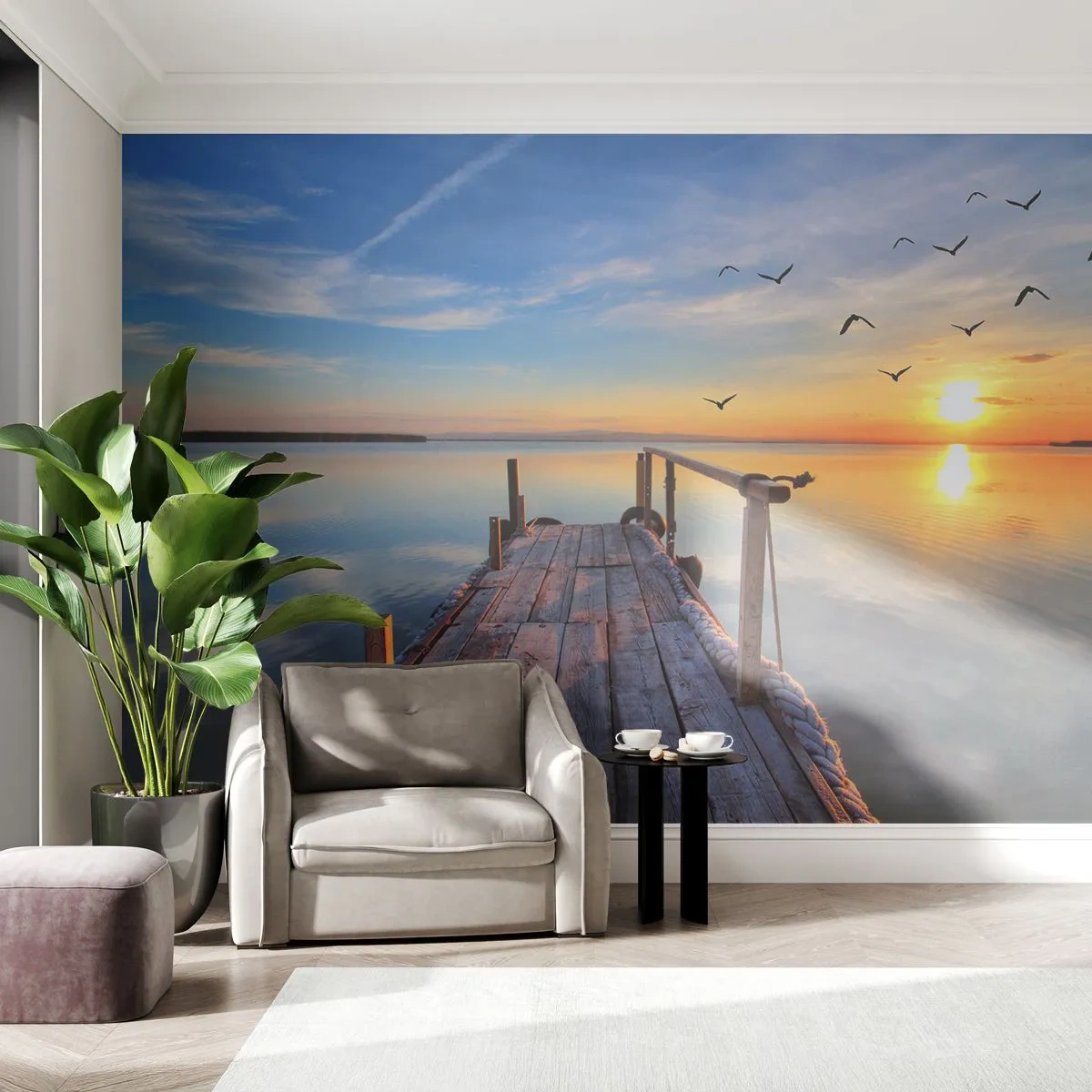 Fototapeta Premium Sand - Drewniany pomost nad jeziorem o zachodzie słońca - 100x70cm - Iść przed siebie ku słońcu - Nowoczesna dekoracja ścienna do salonu, kuchni i sypialni ARTTOR