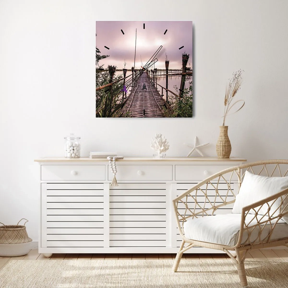 Zegar ścienny - Bambusowy most na wodzie o świcie - 30x30cm - Spokój i cisza Azji - Nowoczesna dekoracja ścienna do salonu i sypialni ARTTOR