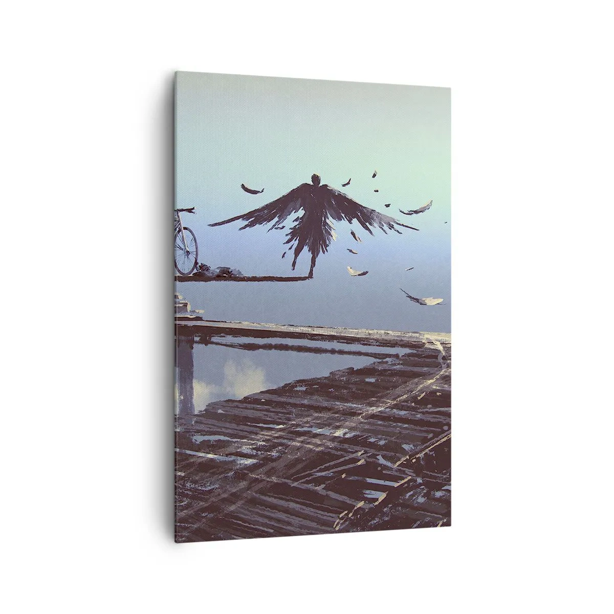 Obraz na płótnie - Postać z piórami unosząca się nad drewnianym pomostem przy rowerze - 80x120cm - Ikar wiecznie żywy - Nowoczesna dekoracja ścienna do salonu i sypialni ARTTOR