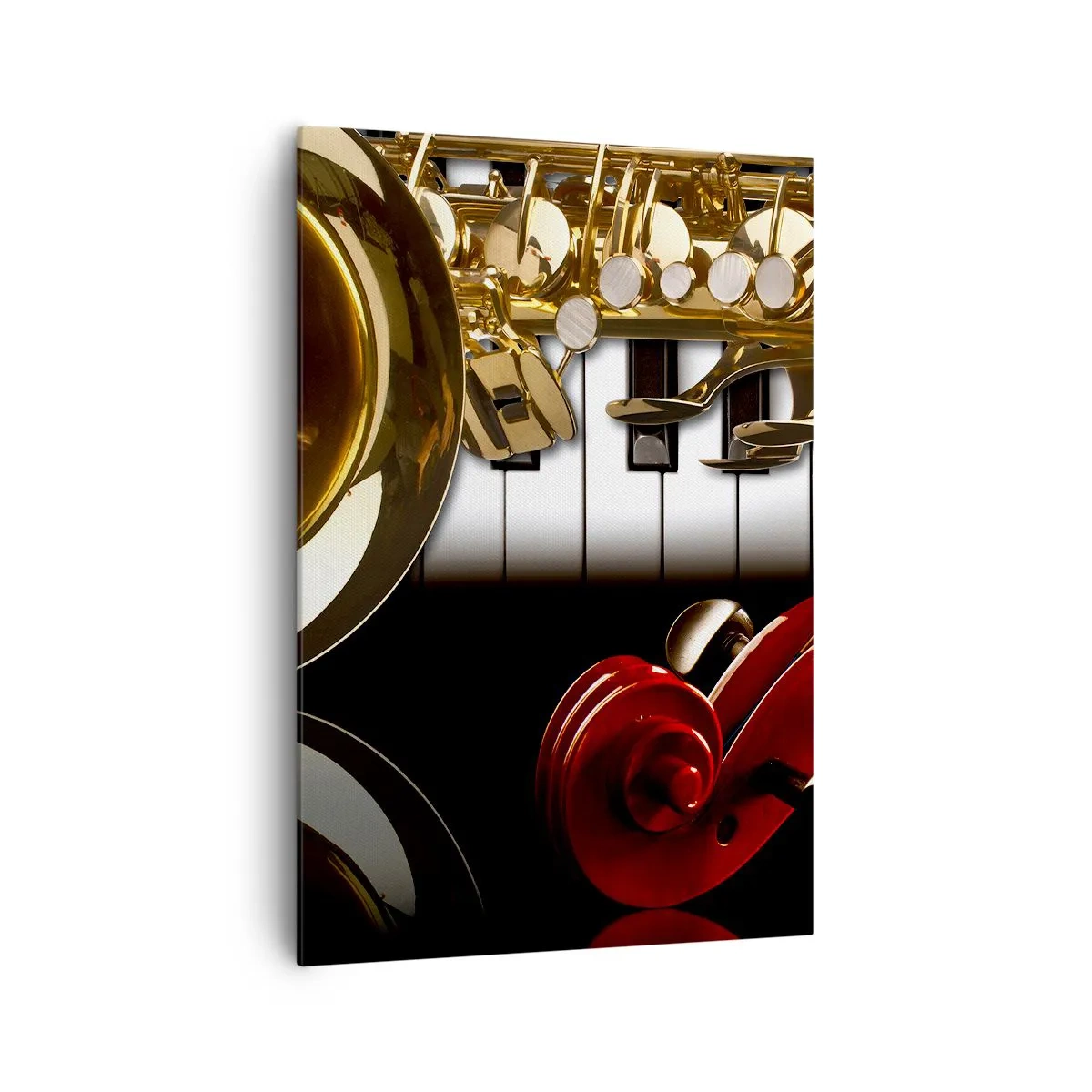 Obraz na płótnie - Złoty saksofon, klawisze fortepianu i czerwona skrzypce - 70x100cm - Blacha, drewno i kość słoniowa - Nowoczesna dekoracja ścienna do salonu i sypialni ARTTOR