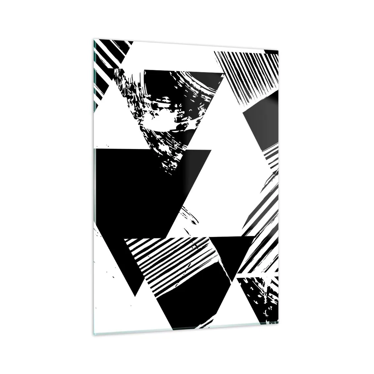 Obraz na szkle - Czarno-białe geometryczne wzory z motywem trójkątów - 50x70cm - Deszcz trójkątów - Nowoczesna dekoracja ścienna do salonu, kuchni i sypialni ARTTOR