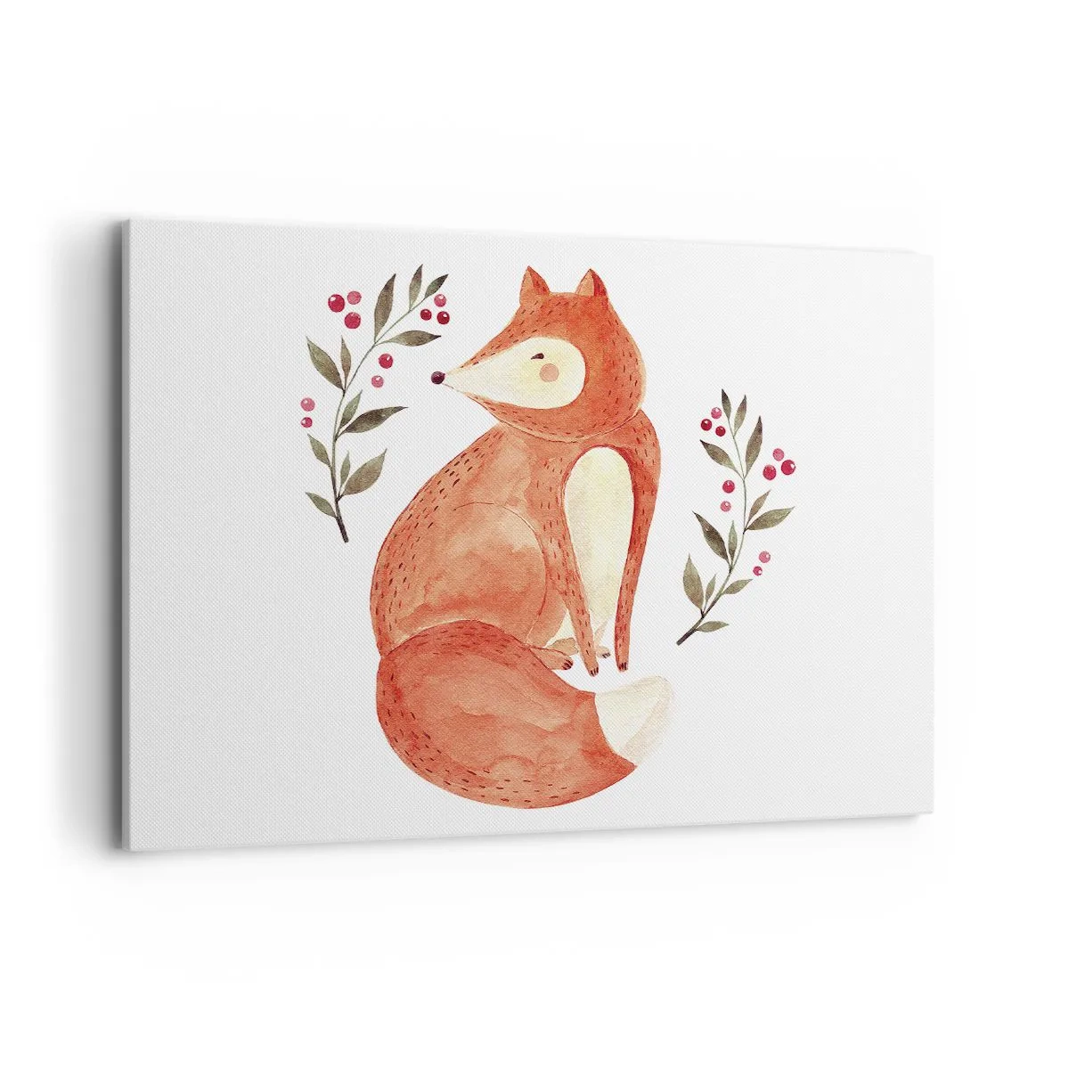 Obraz na płótnie - Akwarelowy lis w otoczeniu gałązek z jagodami - 100x70cm - Mały rudzielec - Nowoczesna dekoracja ścienna do salonu, kuchni i sypialni ARTTOR