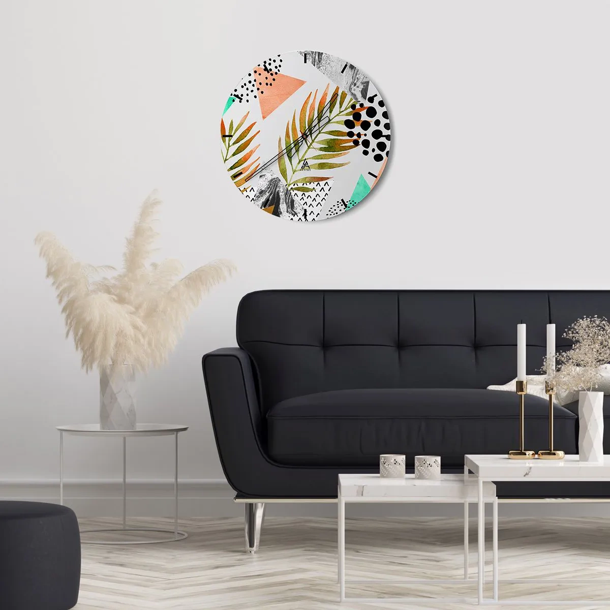 Zegar ścienny - Geometria i liście w akwarelowym stylu - 30x30cm - Dekoracja z palmowym liściem - Nowoczesna dekoracja ścienna do salonu, kuchni i sypialni ARTTOR