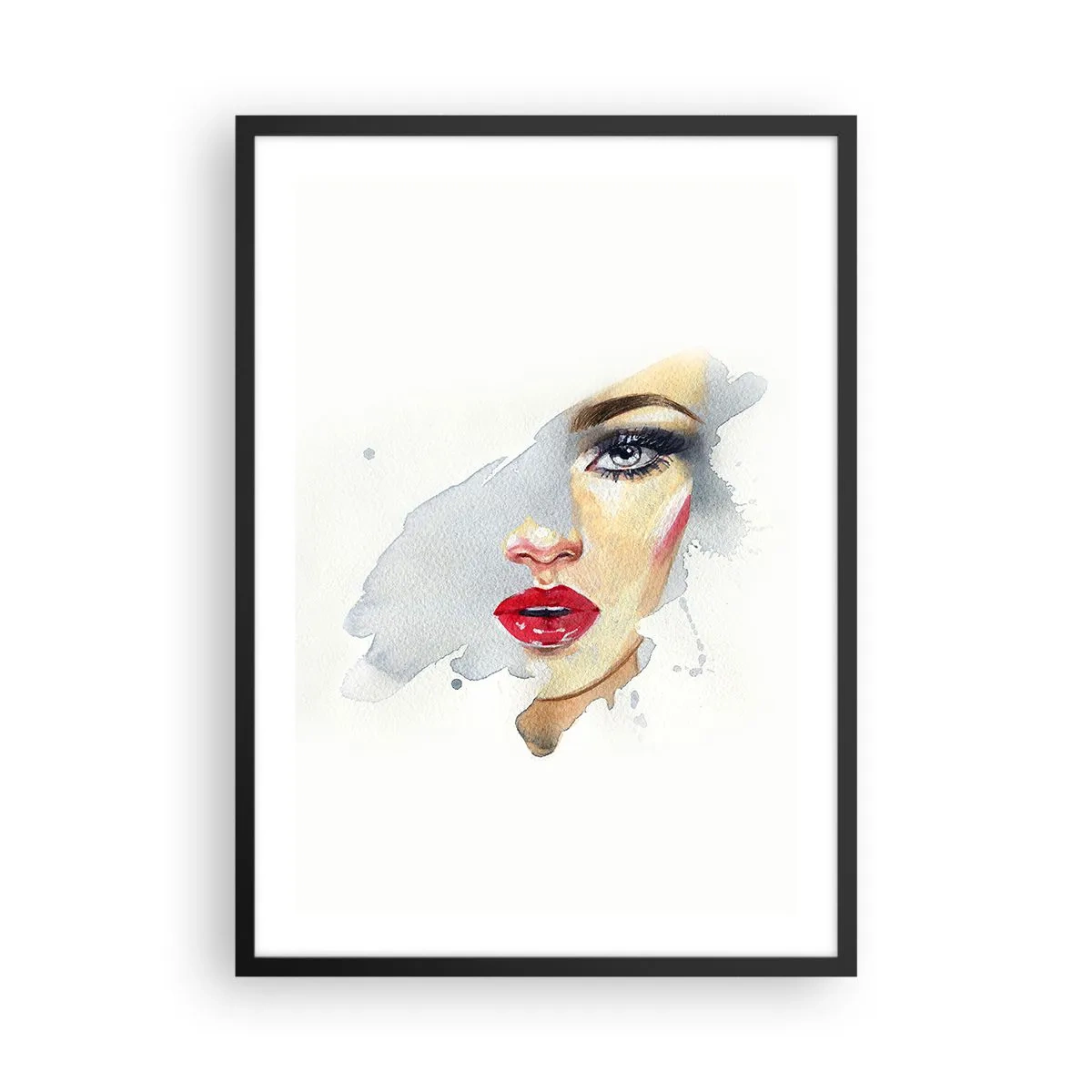 Plakat w czarnej ramie - Akwarelowy portret kobiety z czerwonymi ustami - 50x70cm - Odbicie w kropli wody - Nowoczesna dekoracja ścienna do salonu i sypialni ARTTOR
