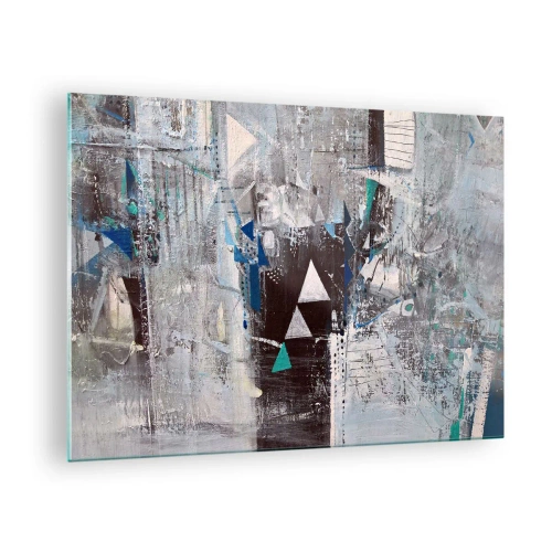 Obraz na szkle - Geometryczne trójkąty na tle abstrakcyjnej kompozycji w szarościach - 70x50cm - Nadrzędny porządek trójkątów - Nowoczesna dekoracja ścienna do salonu i sypialni ARTTOR