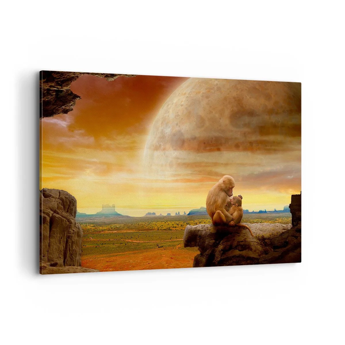 Obraz na płótnie - Małpy siedzące na skale w surrealistycznym krajobrazie z wielką planetą - 120x80cm - Miłość wszędzie ta sama - Nowoczesna dekoracja ścienna do salonu, kuchni i sypialni ARTTOR