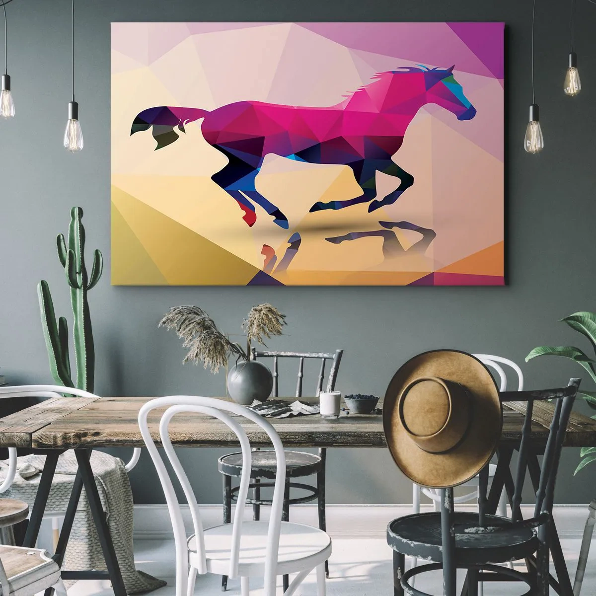 Obraz na płótnie - Geometryczna sylwetka galopującego konia w żywych kolorach - 70x50cm - Kubizm wciąż żywy - Nowoczesna dekoracja ścienna do salonu i sypialni ARTTOR