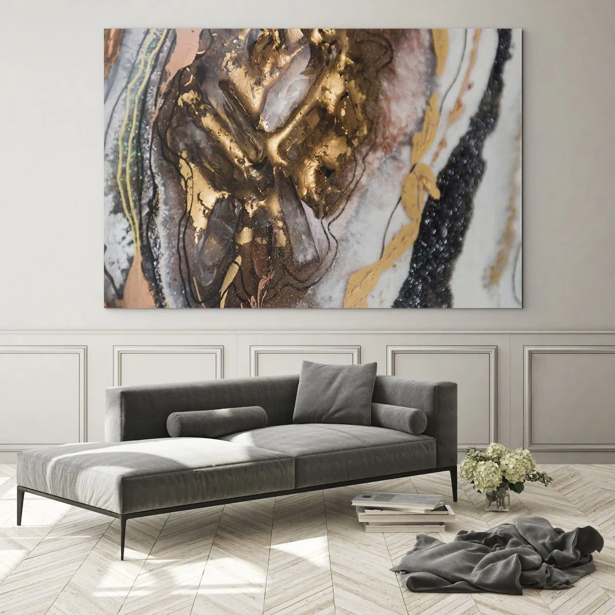 Obraz na szkle - Abstrakcyjny obraz w odcieniach złota, brązu i bieli, z teksturą przypominającą minerały - 70x50cm - Żywioł ziemi - Nowoczesna dekoracja ścienna do salonu i sypialni ARTTOR
