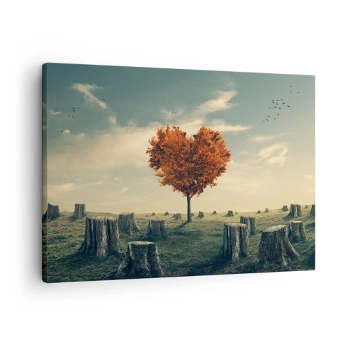 Obraz na płótnie - Drzewo w kształcie serca na polu z pniami, symbol nadziei - 70x50cm - Wciąż jest nadzieja - Nowoczesna dekoracja ścienna do salonu i sypialni ARTTOR