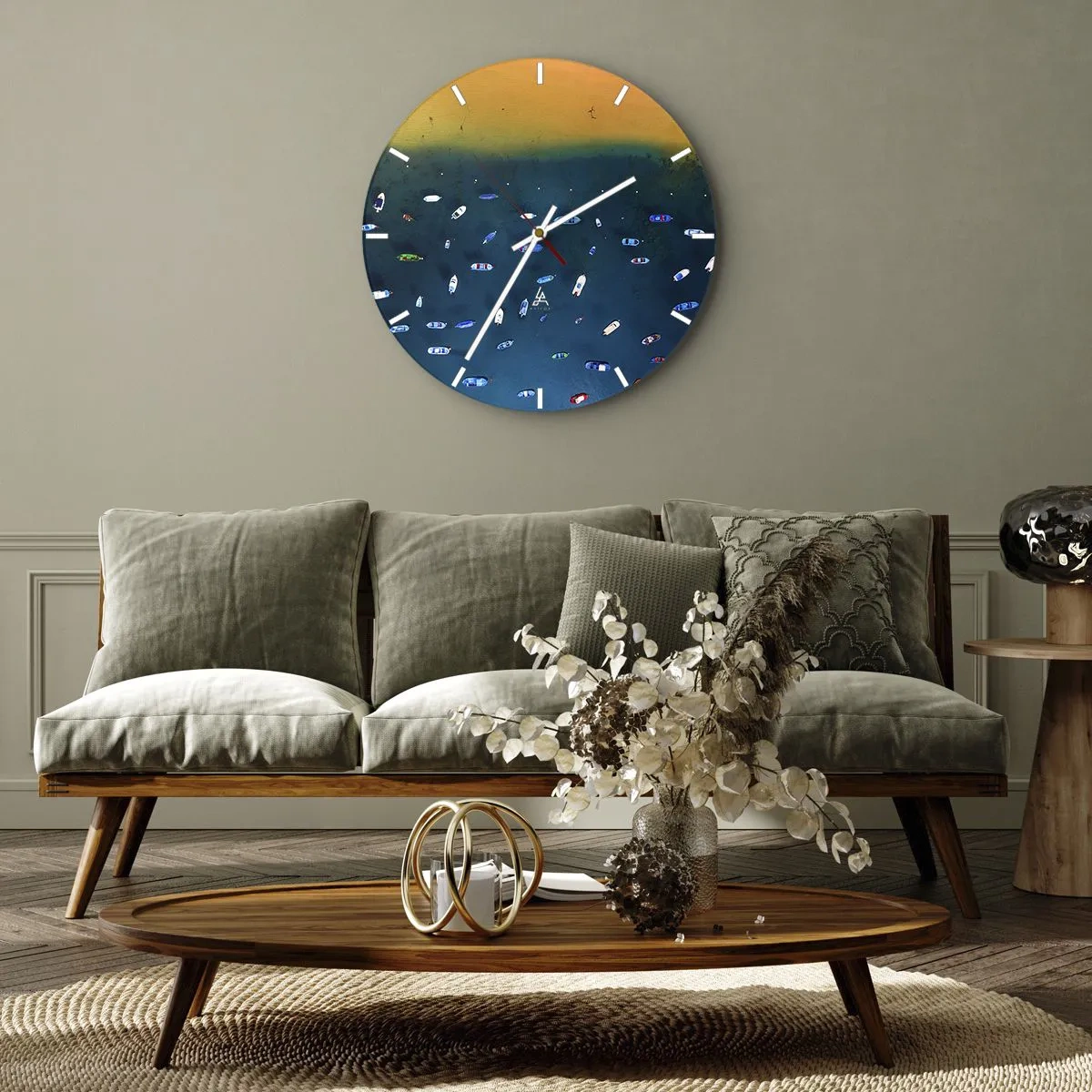 Zegar ścienny - Widok z lotu ptaka na łódki na granatowej wodzie - 30x30cm - Wakacyjna gra - Nowoczesna dekoracja ścienna do salonu, kuchni i sypialni ARTTOR