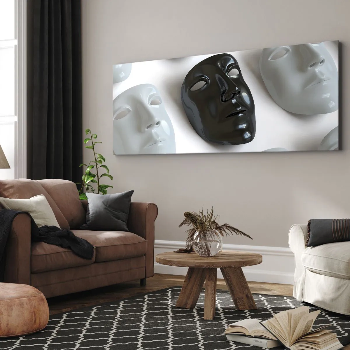 Obraz na płótnie - Czarne i białe maski na jasnym tle - 120x50cm - Jak się wyróżnić? - Nowoczesna dekoracja ścienna do salonu i sypialni ARTTOR