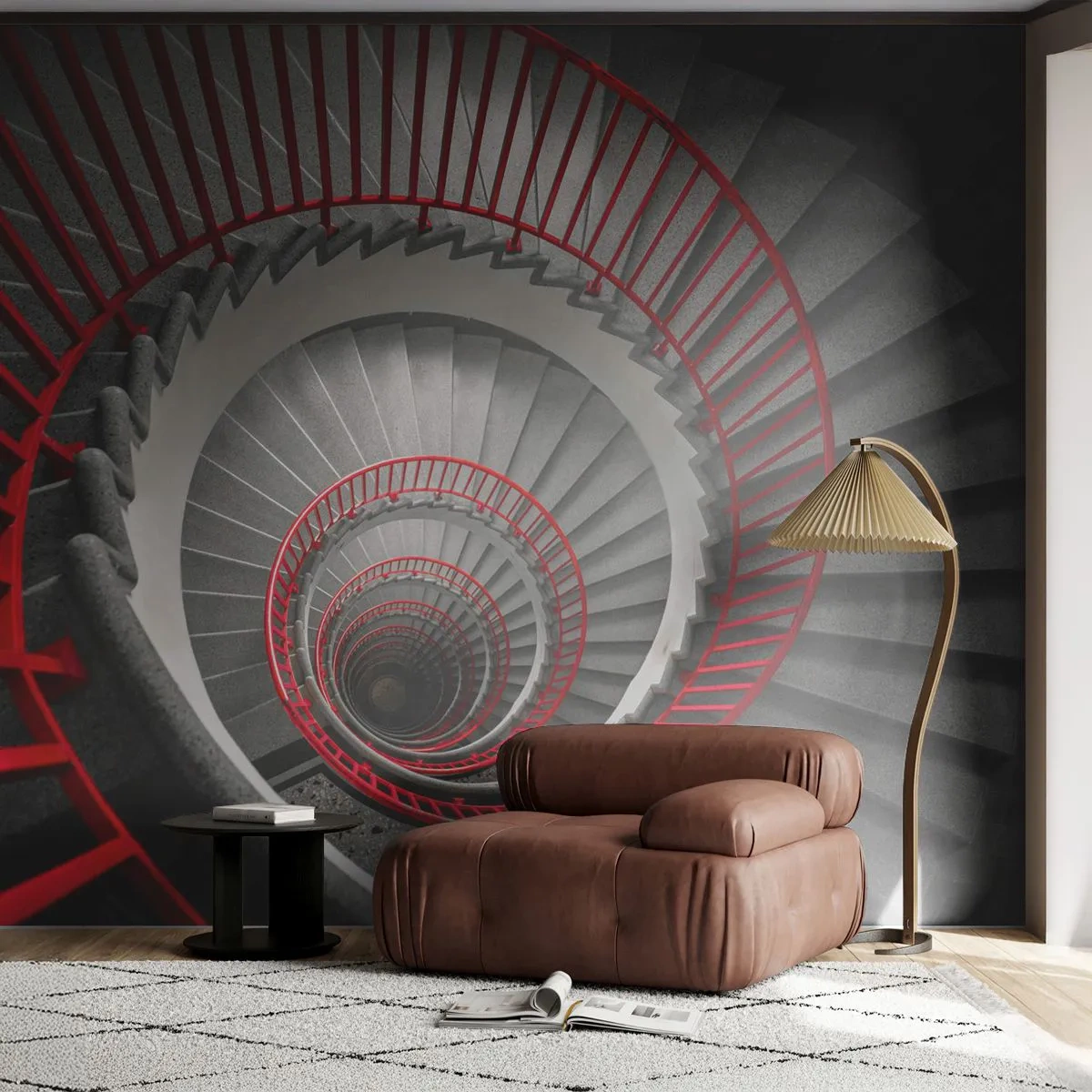 Fototapeta Premium Sand - Czarno-czerwone spiralne schody w nowoczesnym stylu - 100x70cm - Zabawy architektury - Nowoczesna dekoracja ścienna do salonu, kuchni i sypialni ARTTOR