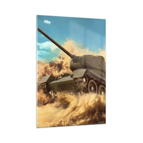 Obraz na szkle - Czołg w akcji na pustyni, otoczony piaskowym pyłem - 80x120cm - Nie do pokonania - Nowoczesna dekoracja ścienna do salonu i sypialni ARTTOR