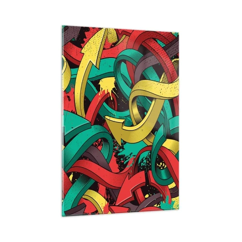 Obraz na szkle - Abstrakcyjne strzałki w żywych kolorach tworzące chaos - 80x120cm - Którędy do celu? - Nowoczesna dekoracja ścienna do salonu i sypialni ARTTOR