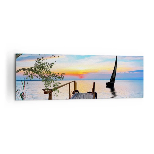 Obraz na płótnie - Molo nad jeziorem z łodzią i zachodem słońca - 160x50cm - Dobry wieczór - Nowoczesna dekoracja ścienna do salonu i sypialni ARTTOR