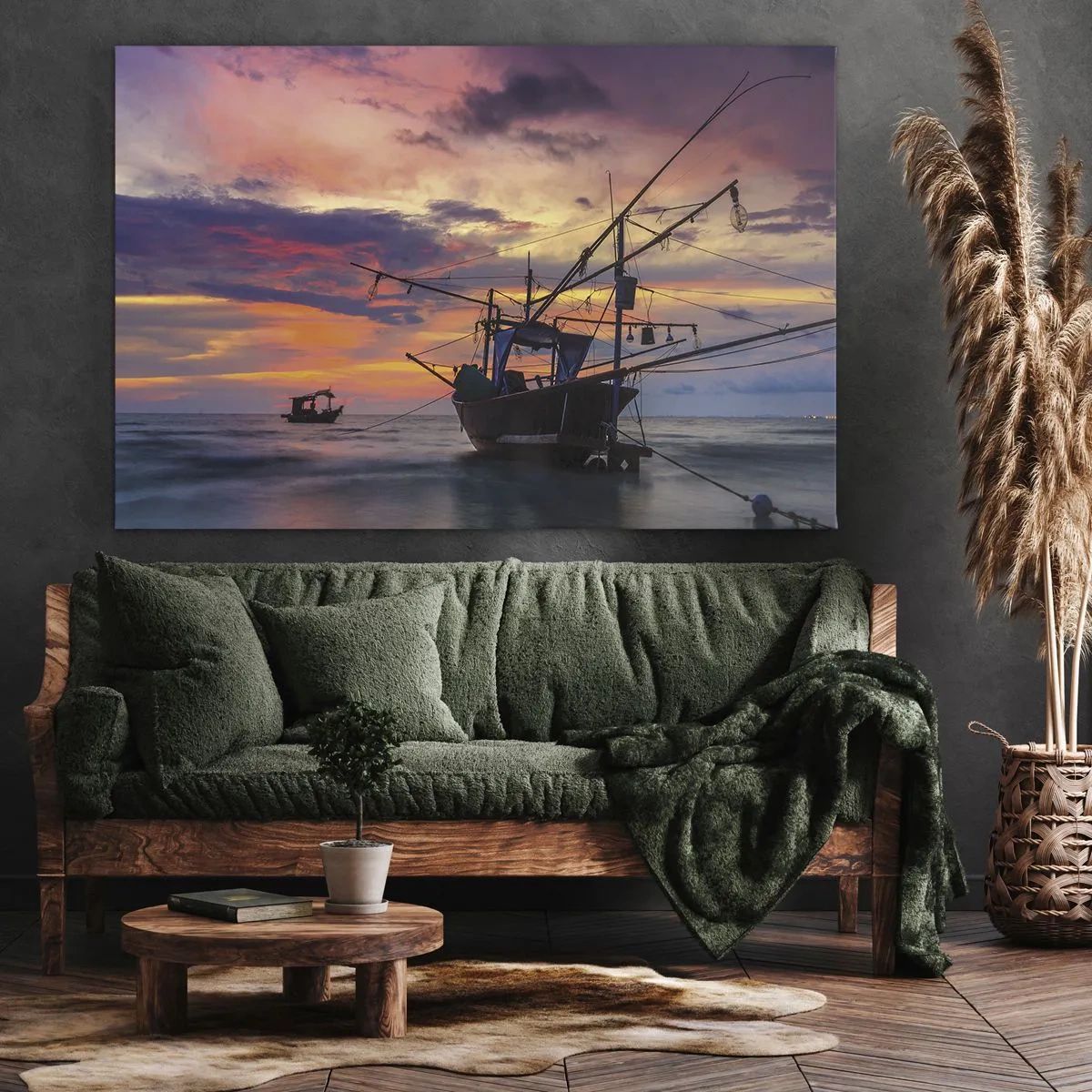 Obraz na płótnie - Łódź rybacka na tle kolorowego zachodu słońca - 70x50cm - Egzotyczny wieczór - Nowoczesna dekoracja ścienna do salonu i sypialni ARTTOR