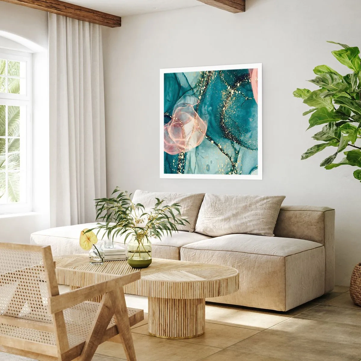 Plakat - Jedwabny błękit, tiulowy róż - 30x30 cm