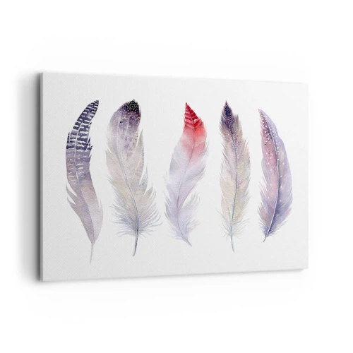 Obraz na płótnie - Pięć delikatnych piór w pastelowych odcieniach na jasnym tle - 100x70cm - Delikatne jak różnobarwna mgła - Nowoczesna dekoracja ścienna do salonu, kuchni i sypialni ARTTOR