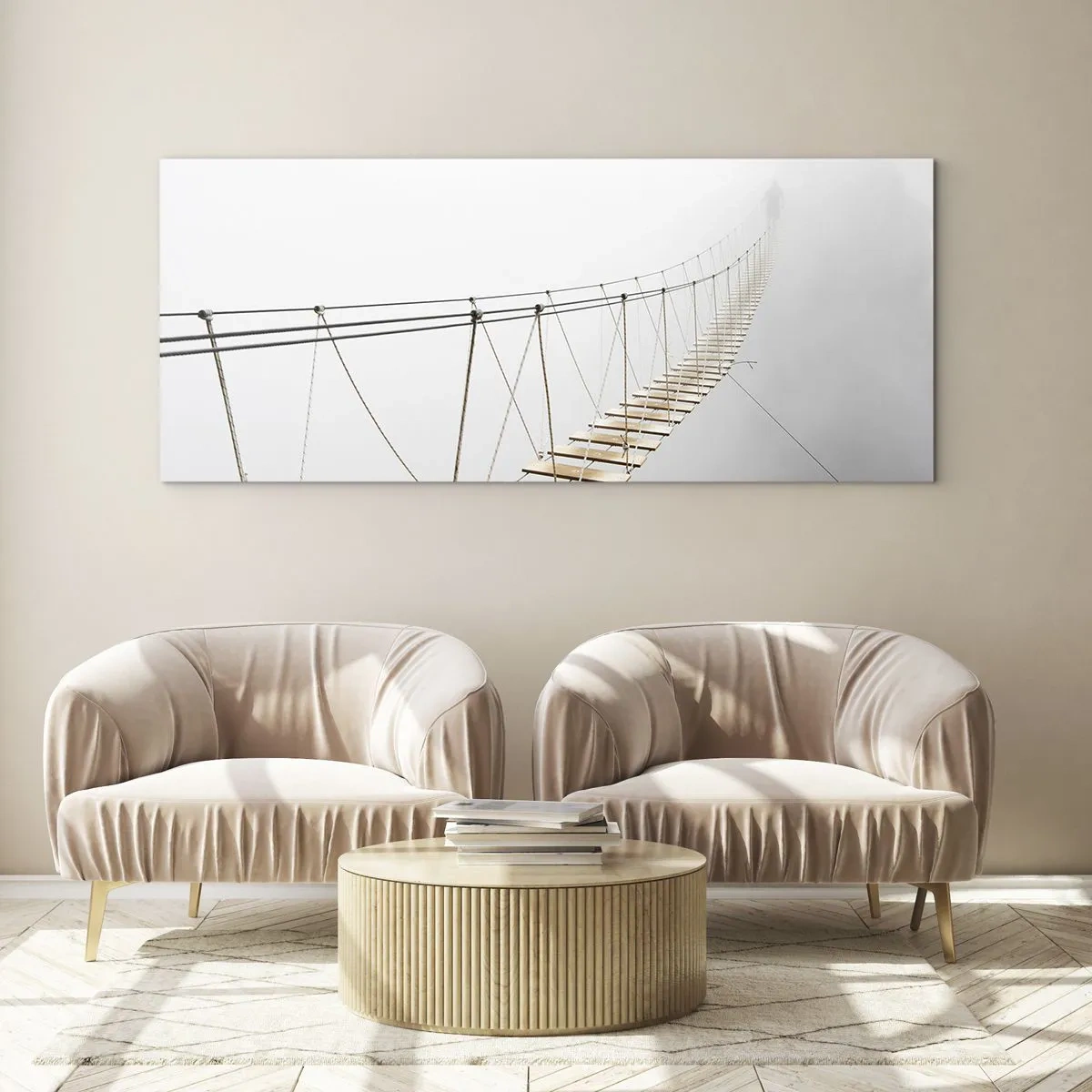 Obraz na szkle - Wiszący most we mgle z perspektywy minimalizmu - 120x50cm - Dokąd cię zaprowadzi? - Nowoczesna dekoracja ścienna do salonu i sypialni ARTTOR