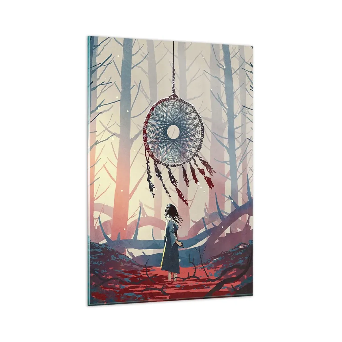 Obraz na szkle - Leśna scena z wielkim łapaczem snów - 80x120cm - Tajemny rytuał szczęścia - Nowoczesna dekoracja ścienna do salonu i sypialni ARTTOR