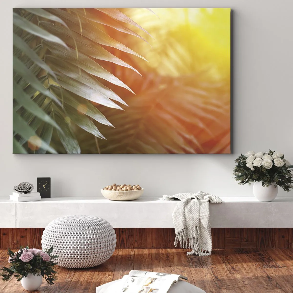 Obraz na płótnie - Liście palmy w promieniach słońca o zachodzie - 70x50cm - Poranek w dżungli - Nowoczesna dekoracja ścienna do salonu i sypialni ARTTOR
