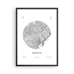 Plakat w czarnej ramie - Minimalistyczna mapa Barcelony w czarno-białej tonacji - 50x70cm - Anatomia Barcelony - Nowoczesna dekoracja ścienna do salonu i sypialni ARTTOR