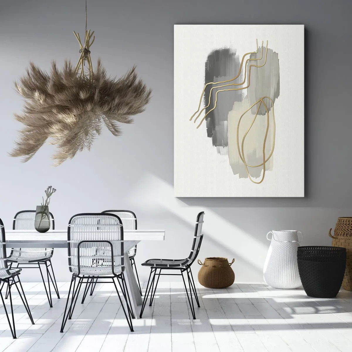 Obraz na płótnie - Abstrakcyjne złote linie na szarym tle - 80x120cm - Trwanie i ruch - Nowoczesna dekoracja ścienna do salonu i sypialni ARTTOR