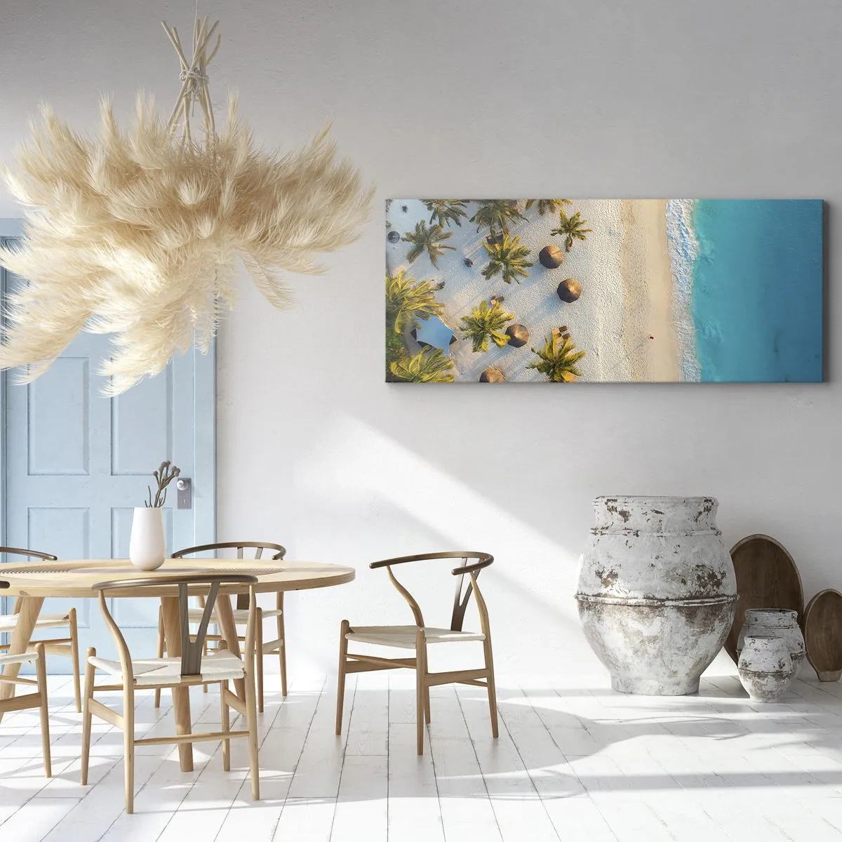 Obraz na płótnie - Widok na tropikalną plażę z palmami i turkusowym morzem - 160x50cm - Witaj w raju - Nowoczesna dekoracja ścienna do salonu i sypialni ARTTOR