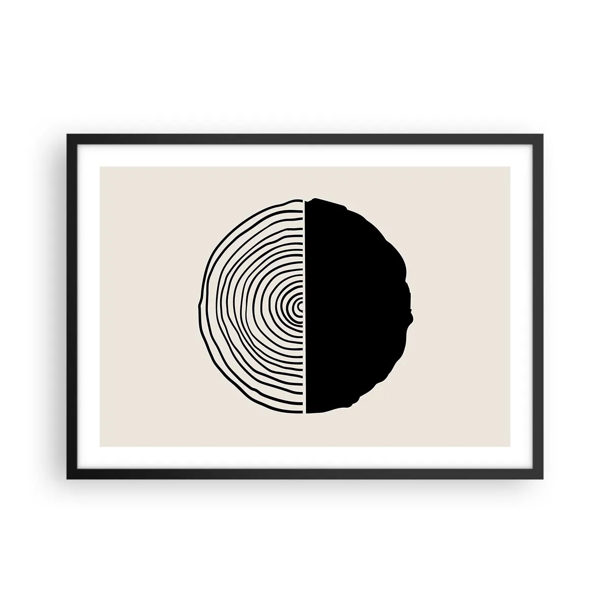 Plakat w czarnej ramie - Abstrakcyjny czarno-biały motyw inspirowany przekrojem drewna z geometrycznym podziałem - 70x50cm - Pół na pół - Nowoczesna dekoracja ścienna do salonu i sypialni ARTTOR