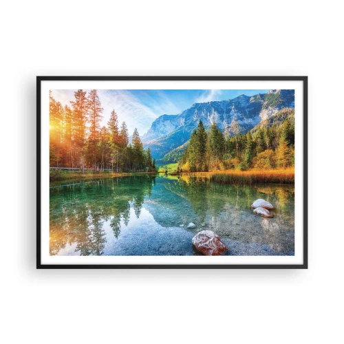 Plakat w czarnej ramie - Malownicze jezioro w otoczeniu gór i lasów - 100x70cm - Łagodność jesieni - Nowoczesna dekoracja ścienna do salonu i sypialni ARTTOR