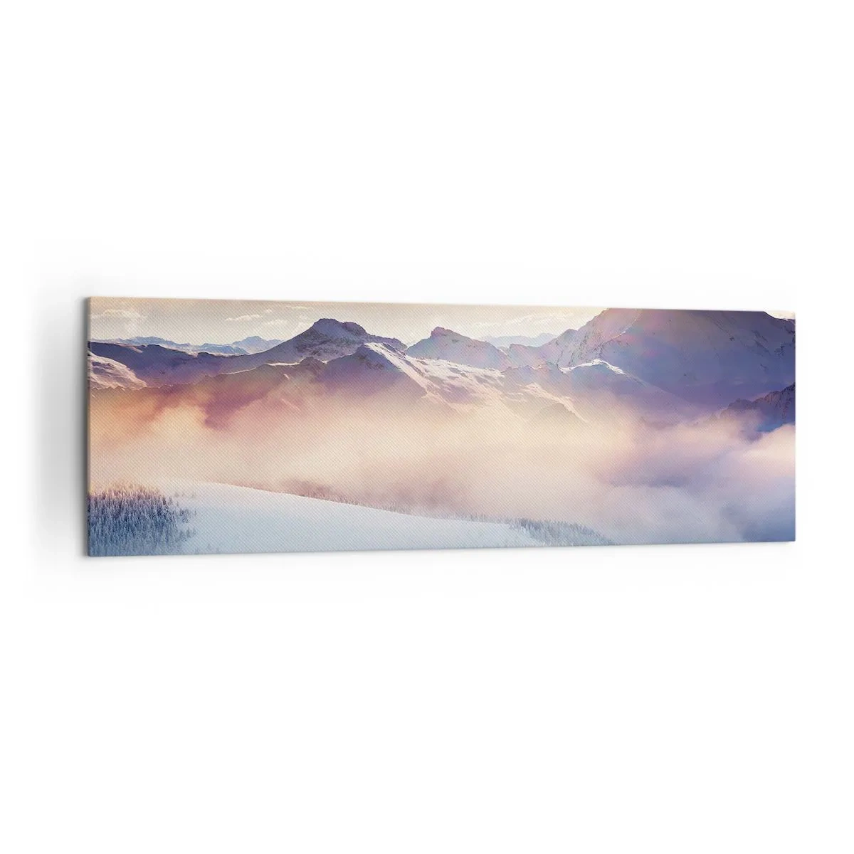 Obraz na płótnie - Zaśnieżone góry o świcie z kolorowym niebem - 160x50cm - Siła i czystość natury - Nowoczesna dekoracja ścienna do salonu i sypialni ARTTOR