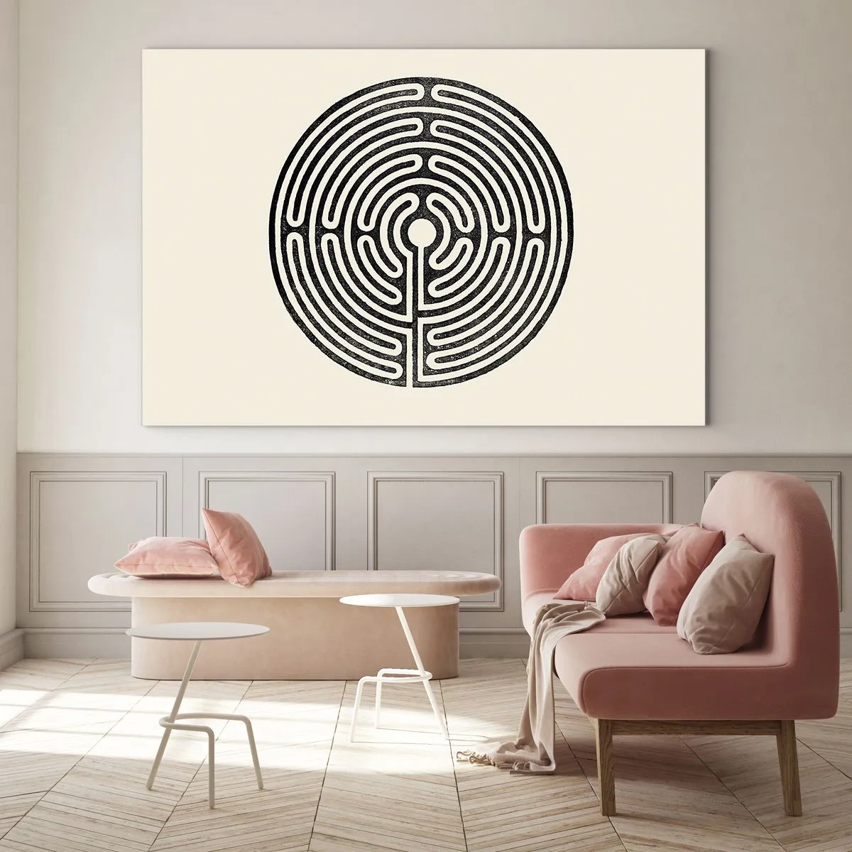 Obraz na szkle - Czarno-biały labirynt w okrągłym kształcie na jasnym tle - 70x50cm - Tajemniczy porządek - Nowoczesna dekoracja ścienna do salonu i sypialni ARTTOR