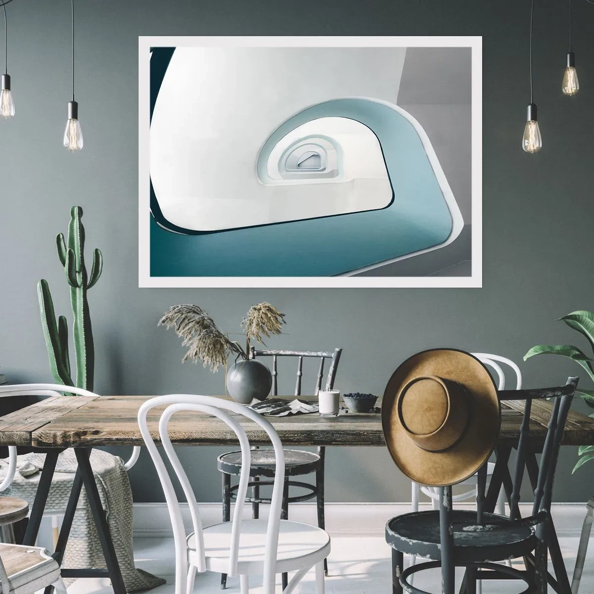 Plakat - Minimalistyczna architektura z zaokrąglonymi liniami - 100x70cm - Do dna błękitu - Nowoczesna dekoracja ścienna do salonu i sypialni ARTTOR