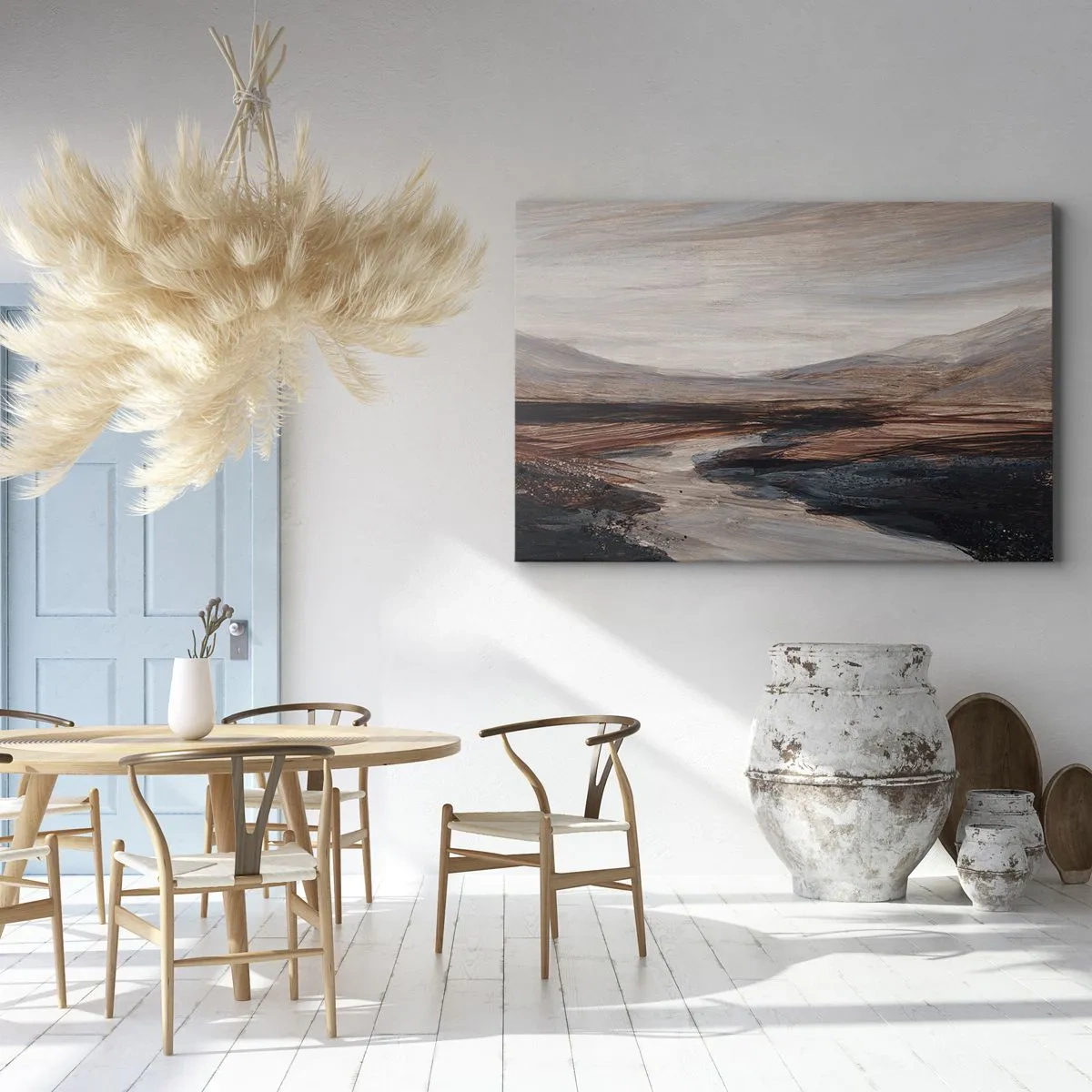 Obraz na płótnie - Malowniczy krajobraz z rzeką i górami - 120x80cm - Spokojna dolina - Nowoczesna dekoracja ścienna do salonu, kuchni i sypialni ARTTOR