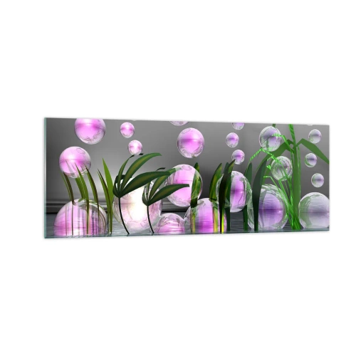 Obraz na szkle - Zielone liście i różowe bańki nad wodą na tle szarym - 140x50cm - Refleksyjna kompozycja lekkości i życia - Nowoczesna dekoracja ścienna do salonu i sypialni ARTTOR