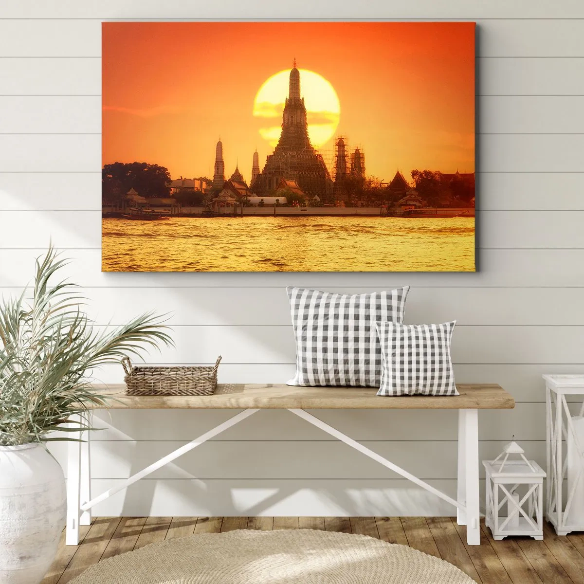 Obraz na płótnie - Zachód słońca nad świątynią z odbiciem w wodzie - 70x50cm - Ku słońcu, zawsze ku słońcu - Nowoczesna dekoracja ścienna do salonu i sypialni ARTTOR