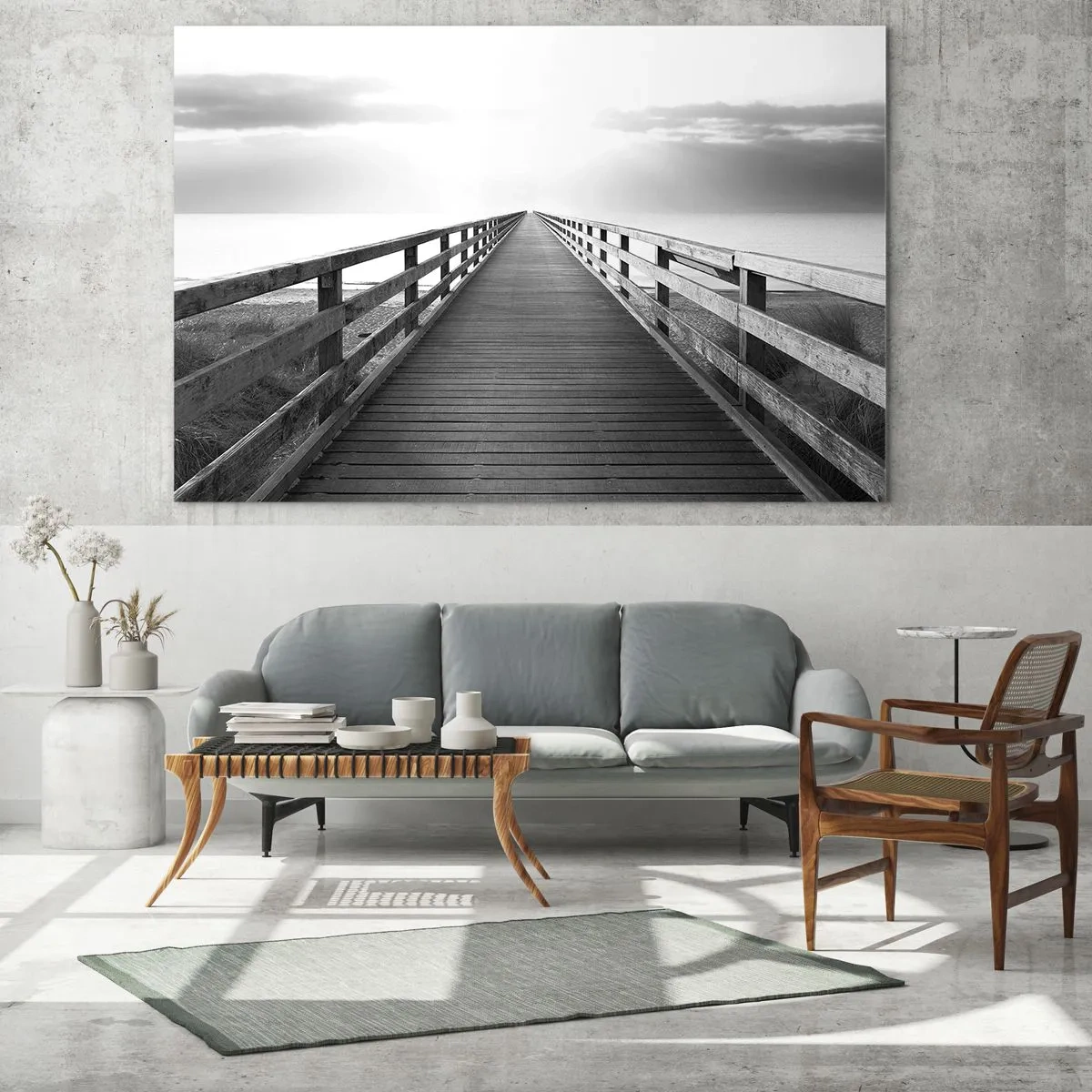 Obraz na szkle - Drewniany pomost prowadzący ku horyzontowi w czerni i bieli - 70x50cm - W siną dal… - Nowoczesna dekoracja ścienna do salonu i sypialni ARTTOR