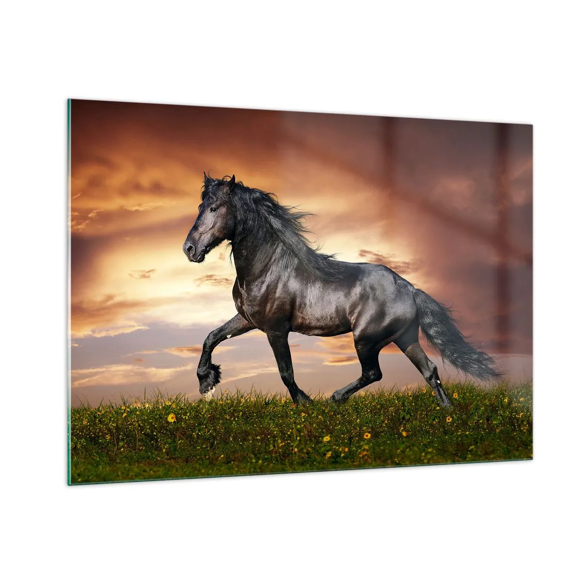 Obraz na szkle - Czarny koń galopujący na tle zachodzącego słońca - 100x70cm - Czarny książę - Nowoczesna dekoracja ścienna do salonu, kuchni i sypialni ARTTOR