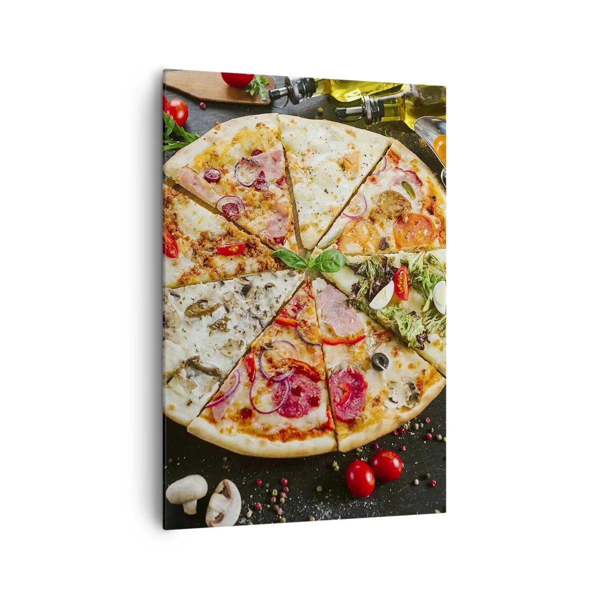 Obraz na płótnie - Pizza w różnych smakach na tle z dodatkami - 70x100cm - Wachlarz smaków - Nowoczesna dekoracja ścienna do salonu i sypialni ARTTOR