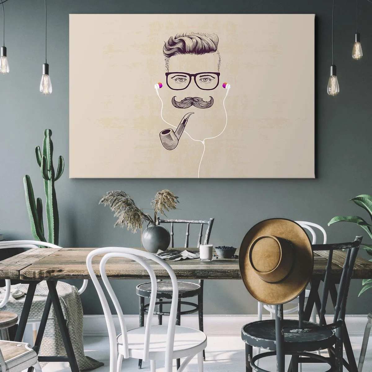 Obraz na płótnie - Retro portret mężczyzny z fajką, słuchawkami i okularami - 120x80cm - Prawdziwy mężczyzna? - Nowoczesna dekoracja ścienna do salonu, kuchni i sypialni ARTTOR