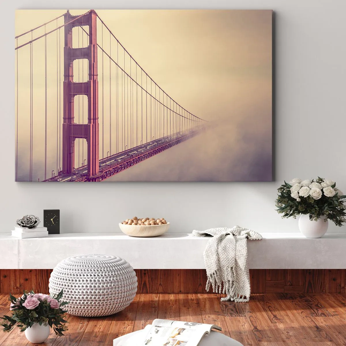 Obraz na płótnie - Most w mgle w pastelowych odcieniach, symbol elegancji i spokoju - 70x50cm - Między niebem a ziemią - Nowoczesna dekoracja ścienna do salonu i sypialni ARTTOR
