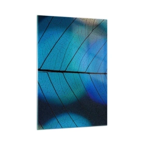 Obraz na szkle - Zbliżenie na niebieski liść z widocznym detalem żyłek - 70x100cm - Misterna budowa - Nowoczesna dekoracja ścienna do salonu i sypialni ARTTOR