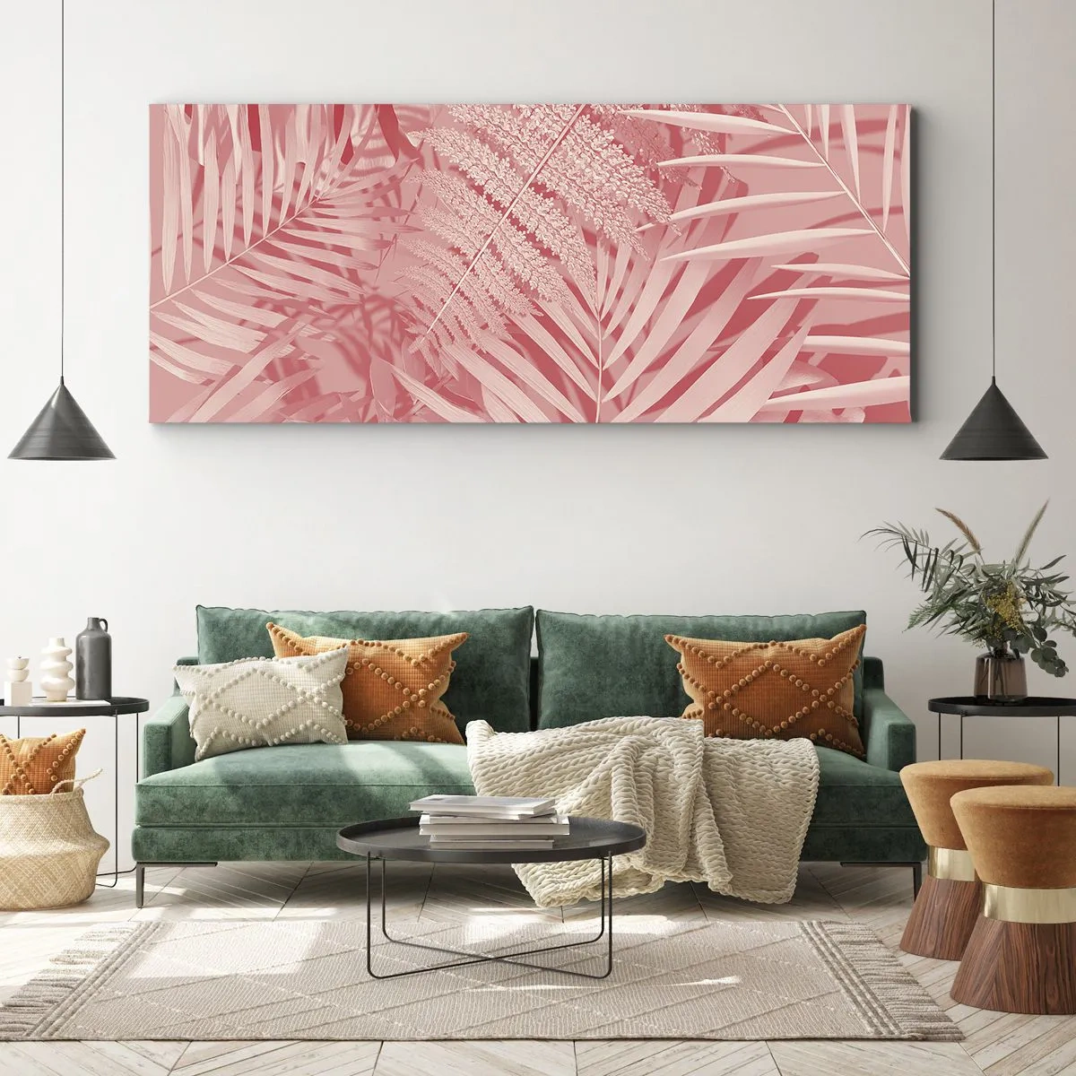 Obraz na płótnie - Różowe liście tropikalne w delikatnym i minimalistycznym stylu - 160x50cm - Różowy koncept - Nowoczesna dekoracja ścienna do salonu i sypialni ARTTOR