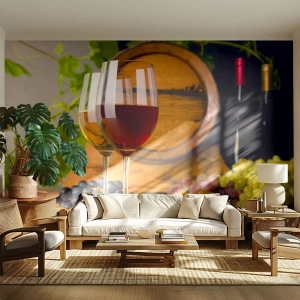 Fototapeta Standard Eco - Kieliszki czerwonego i białego wina z beczką i winogronami - 100x70cm - Jak u starych mistrzów - Nowoczesna dekoracja ścienna do salonu i sypialni ARTTOR