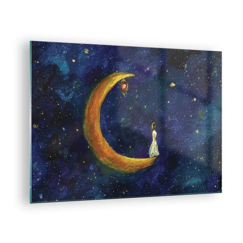 Obraz na szkle - Postać na księżycu w nocnym niebie - 70x50cm - Wołanie świata - Nowoczesna dekoracja ścienna do salonu i sypialni ARTTOR