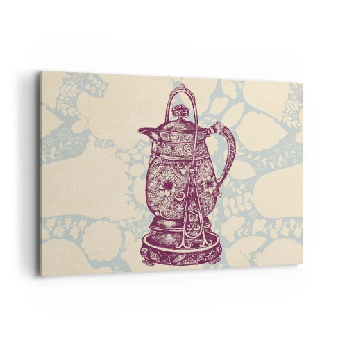 Obraz na płótnie - Stylizowany dzbanek z ornamentami na tle kwiatowym - 100x70cm - Uroda codzienności - Nowoczesna dekoracja ścienna do salonu, kuchni i sypialni ARTTOR
