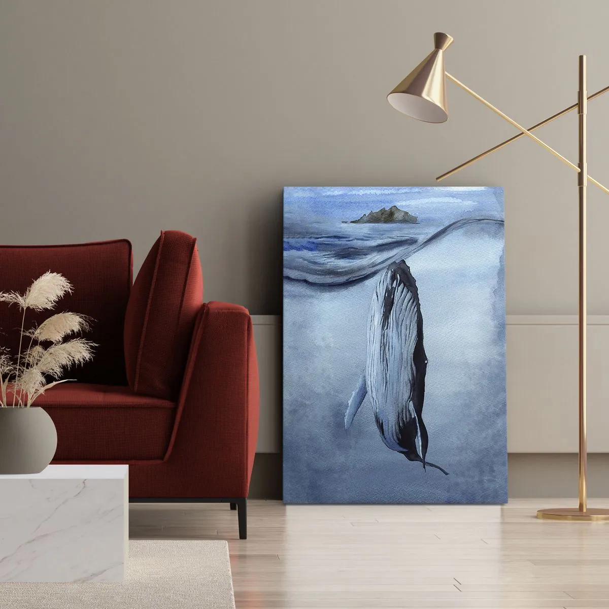 Obraz na płótnie - Wieloryb wynurzający się spod tafli wody, akwarela - 70x100cm - Dwa światy północy - Nowoczesna dekoracja ścienna do salonu i sypialni ARTTOR