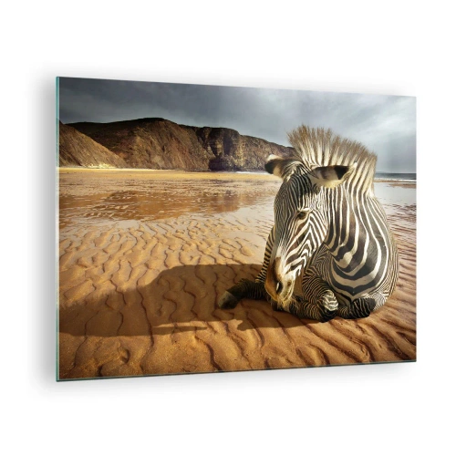 Obraz na szkle - Zebra odpoczywająca na plaży o zachodzie słońca - 70x50cm - Pasujemy do siebie - Nowoczesna dekoracja ścienna do salonu i sypialni ARTTOR