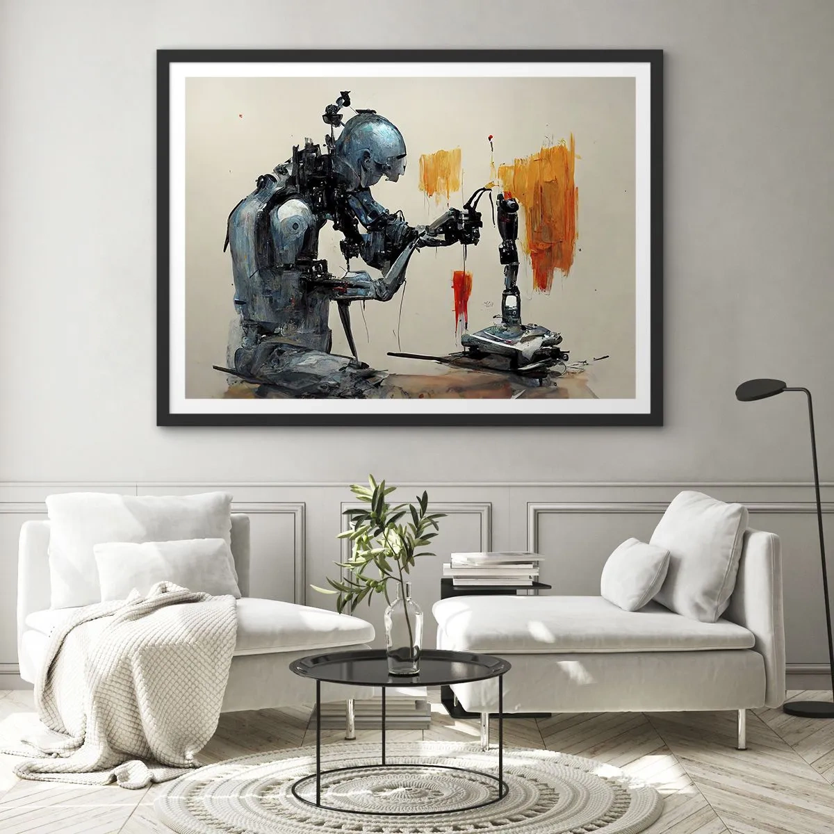 Plakat w czarnej ramie - Robot przy pracy z abstrakcyjnym tłem - 70x50cm - Już jutro… - Nowoczesna dekoracja ścienna do salonu i sypialni ARTTOR